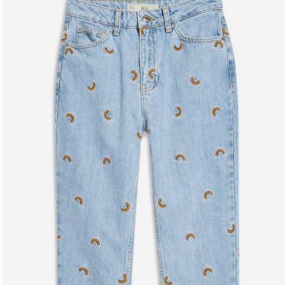 Topshop Rainbow Embroidered Mom Jeans